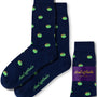 Apple Socks come in navy blue with a playful green apple pattern, providing both comfort and a stylish edge. They are showcased with packaging that reads "AusCufflinks Australia.