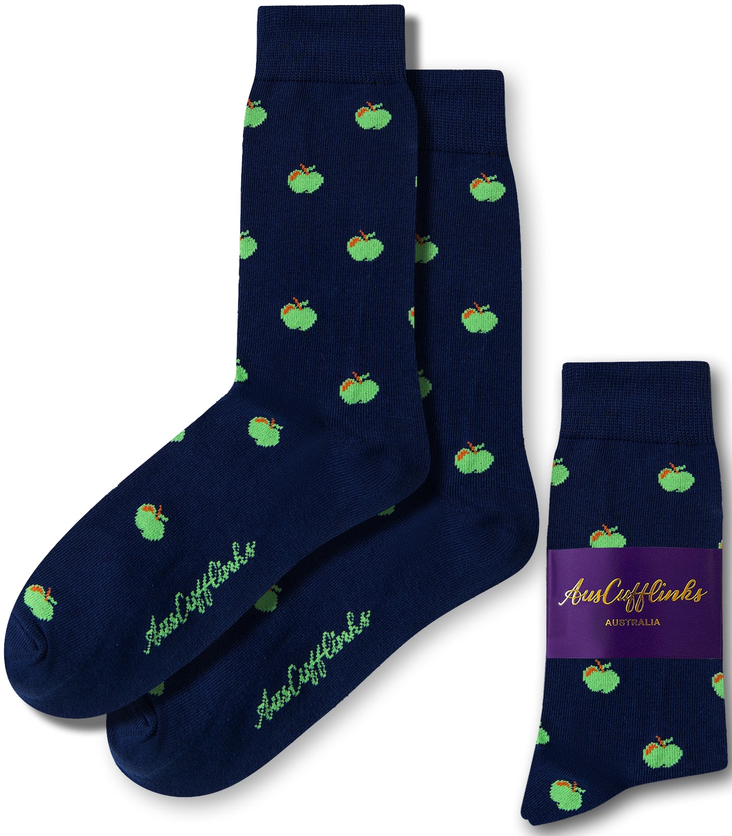 Apple Socks come in navy blue with a playful green apple pattern, providing both comfort and a stylish edge. They are showcased with packaging that reads "AusCufflinks Australia.