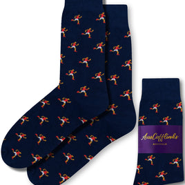 Pair of dark blue Athletics Socks featuring vibrant kangaroo patterns that embody a sporty spirit, complete with a packaging label "AusCufflinks Australia" at the bottom right.