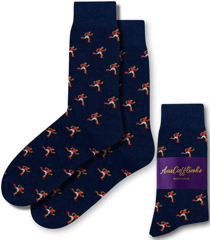 Pair of dark blue Athletics Socks featuring vibrant kangaroo patterns that embody a sporty spirit, complete with a packaging label "AusCufflinks Australia" at the bottom right.