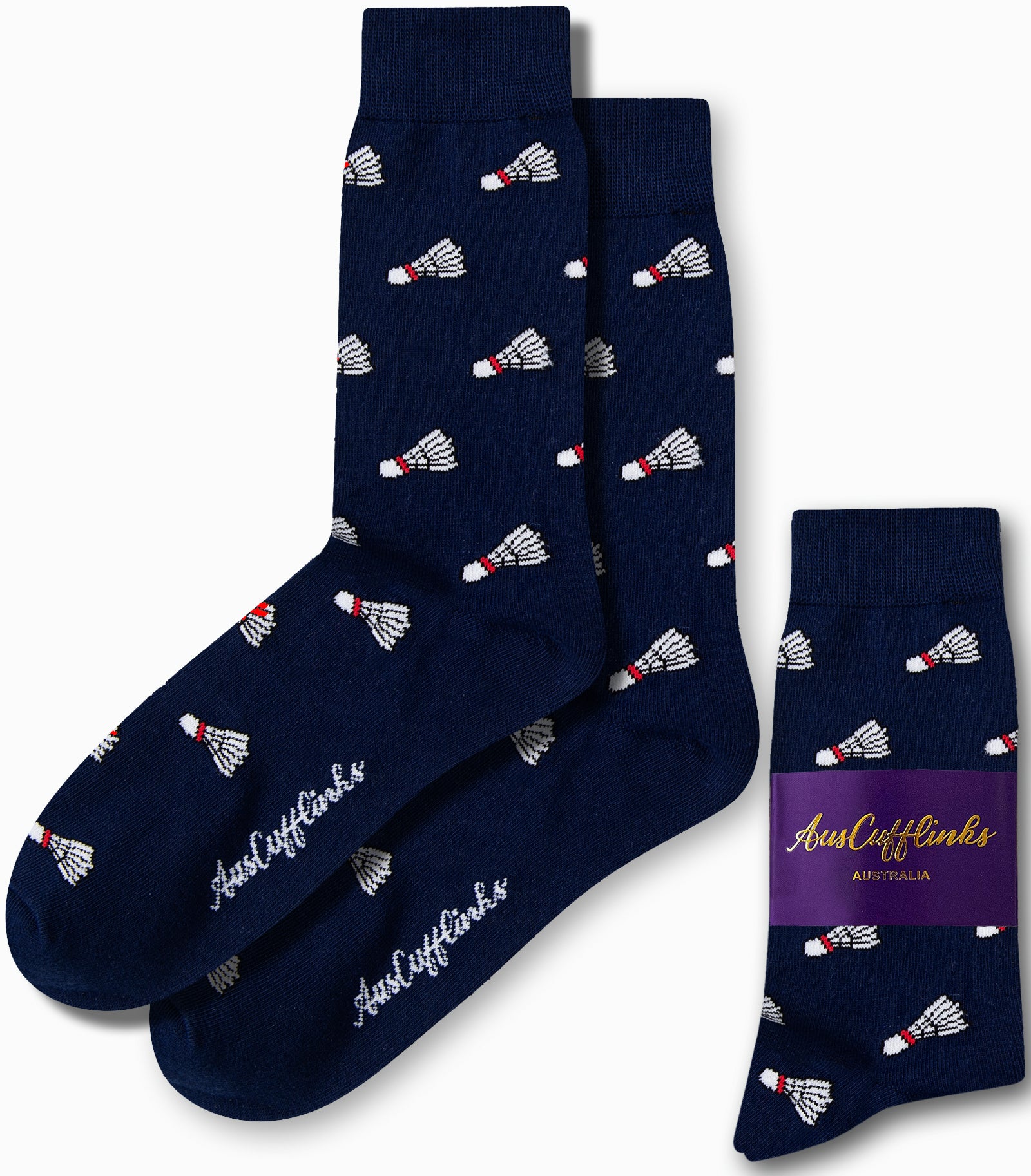 The Badminton Socks in navy blue, adorned with a shuttlecock pattern, exude sporty elegance and feature the "AusCufflinks" branding.