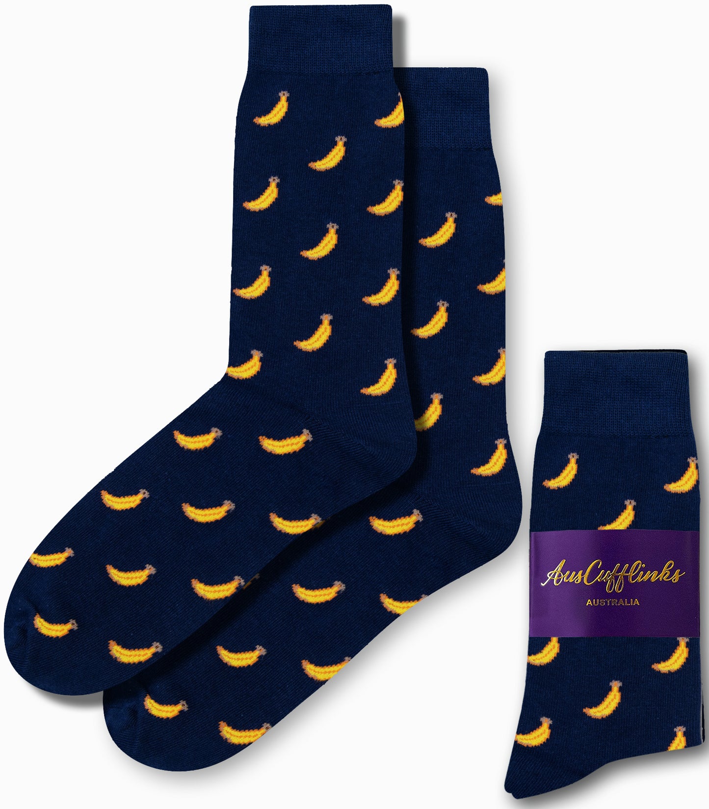 The Banana Socks, featuring a pattern of small yellow bananas on a blue background, add a touch of fruity fun to your day, with packaging that reads "AusCufflinks Australia.