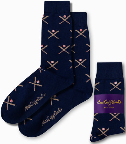 Elevate your style with navy blue socks adorned with a beige pattern of crossed baseball bats and ball. These diamond-worthy accessories proudly feature the "AusCufflinks" branding, adding a sophisticated touch.