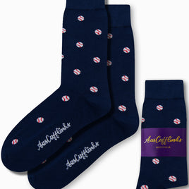 Enhance your fashion with the Baseball Socks in navy blue, showcasing a small baseball pattern and the "AusCufflinks Australia" branding.