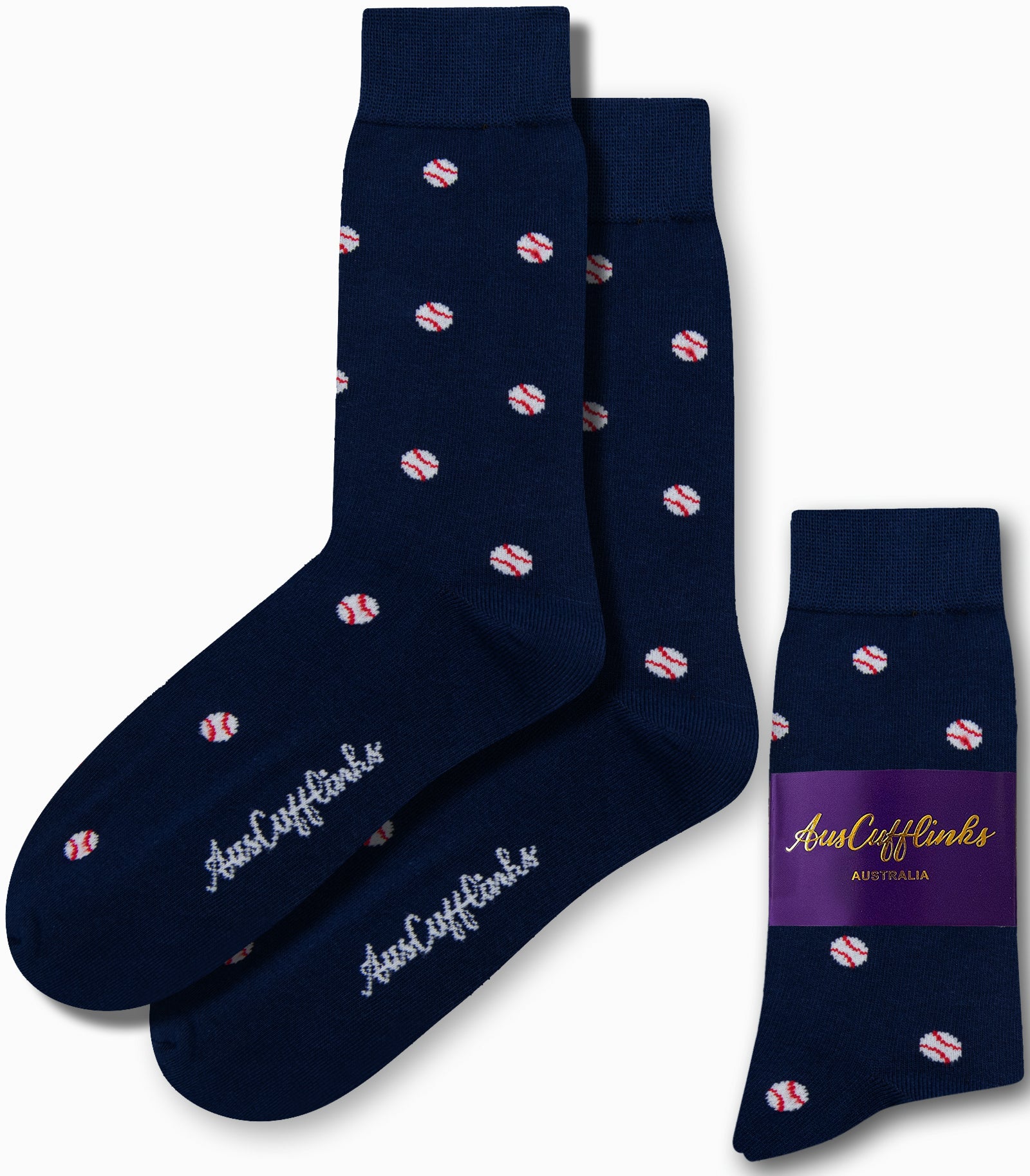 Enhance your fashion with the Baseball Socks in navy blue, showcasing a small baseball pattern and the "AusCufflinks Australia" branding.