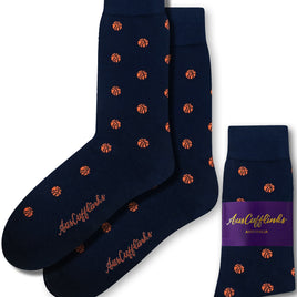 Basketball Socks in dark blue featuring an orange basketball pattern and branded with "AusCufflinks," ideal for fans who enjoy a hint of athletic style.