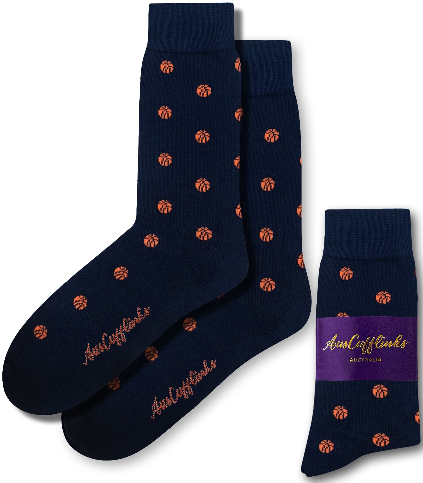 Basketball Socks in dark blue featuring an orange basketball pattern and branded with "AusCufflinks," ideal for fans who enjoy a hint of athletic style.