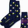 Beer Socks in navy blue showcase a fun pattern of yellow beer mugs, providing bubbly comfort with each step. Featuring a unique purple AusCufflinks label, they invite you to experience a perfect mix of style and warmth.