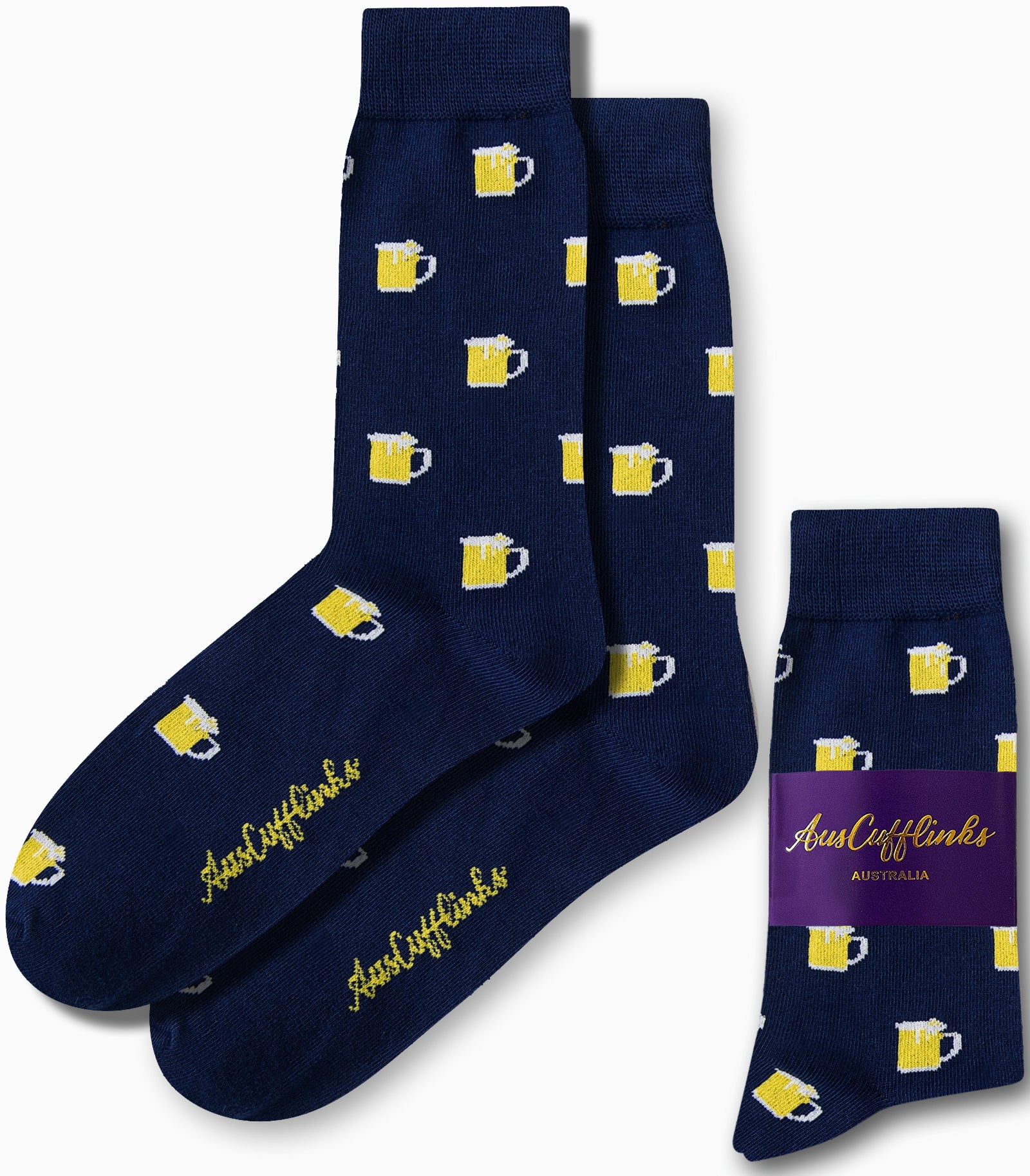 Beer Socks in navy blue showcase a fun pattern of yellow beer mugs, providing bubbly comfort with each step. Featuring a unique purple AusCufflinks label, they invite you to experience a perfect mix of style and warmth.