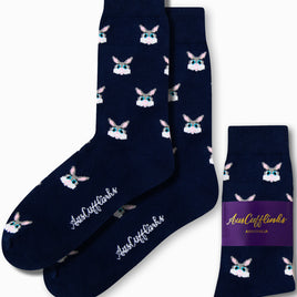 Experience snuggly comfort with Bunny Socks, a set of three pairs featuring a delightful white rabbit design on navy blue. Branded with "AusCufflinks Australia," this product embodies the playful leap into style and coziness for your feet.