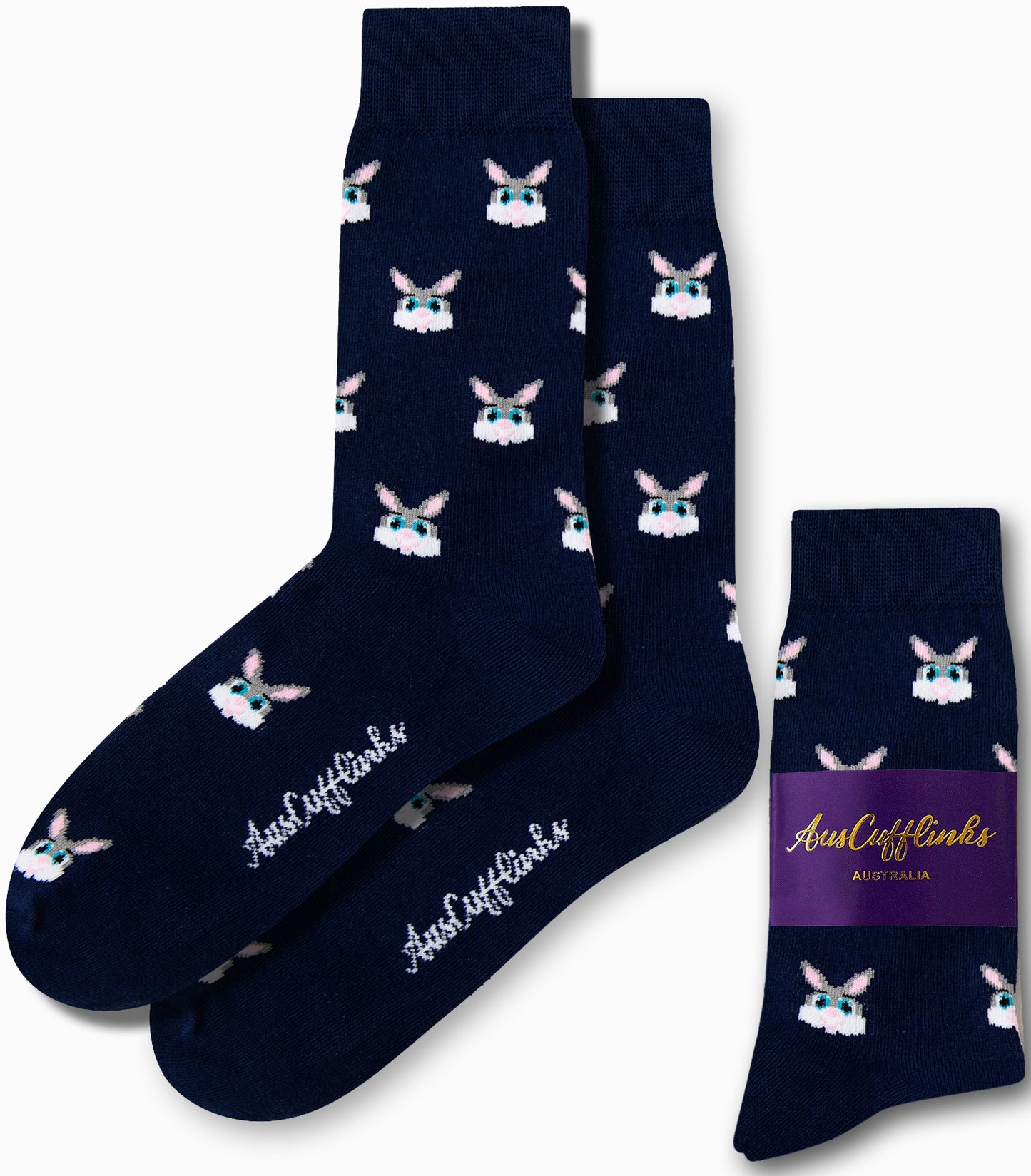 Experience snuggly comfort with Bunny Socks, a set of three pairs featuring a delightful white rabbit design on navy blue. Branded with "AusCufflinks Australia," this product embodies the playful leap into style and coziness for your feet.