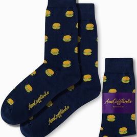 Burger Socks in dark blue with a playful burger pattern—ideal for any fast-food enthusiast. They come with a coordinating packaging band marked "AusCufflinks.