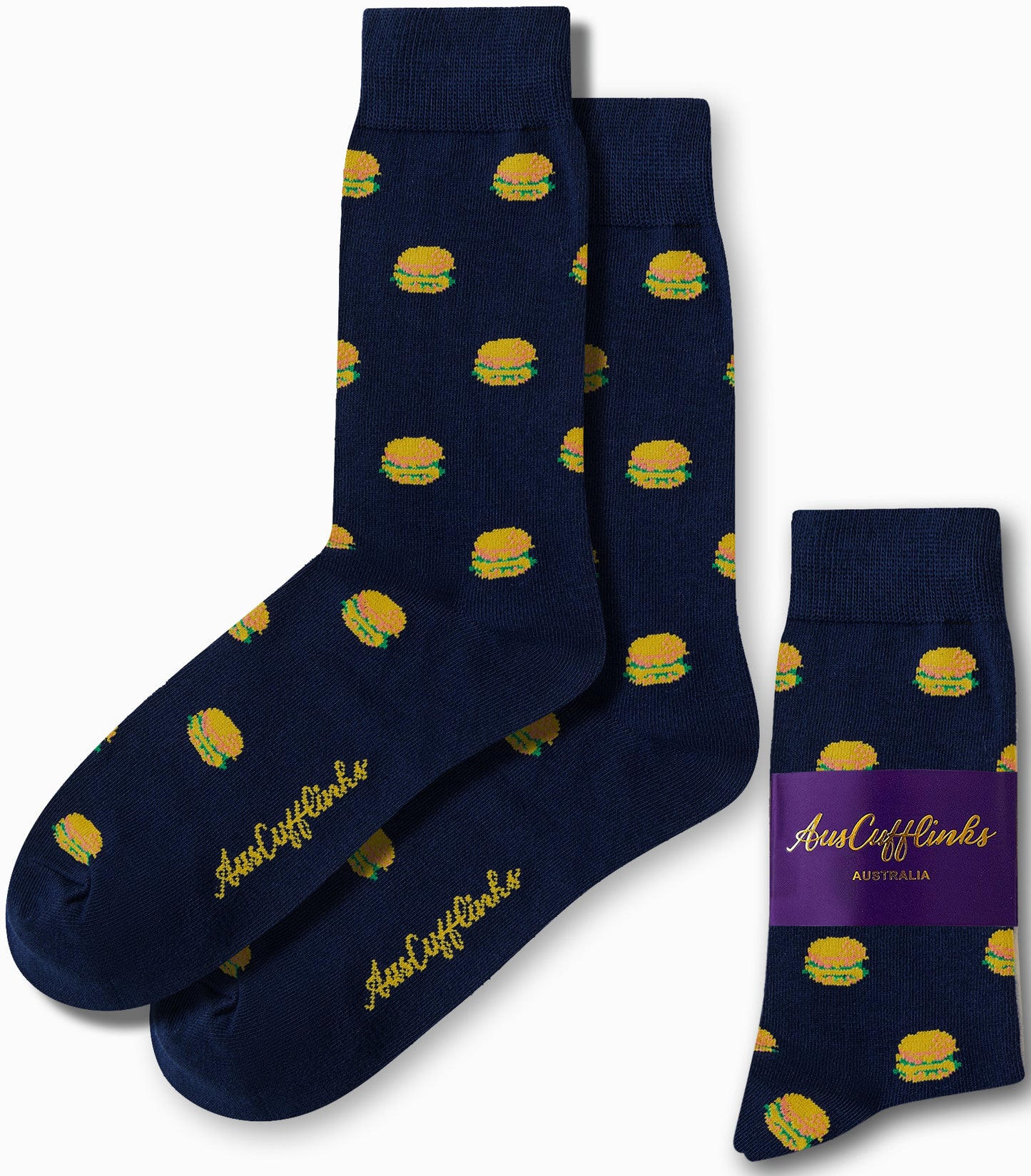 Burger Socks in dark blue with a playful burger pattern—ideal for any fast-food enthusiast. They come with a coordinating packaging band marked "AusCufflinks.