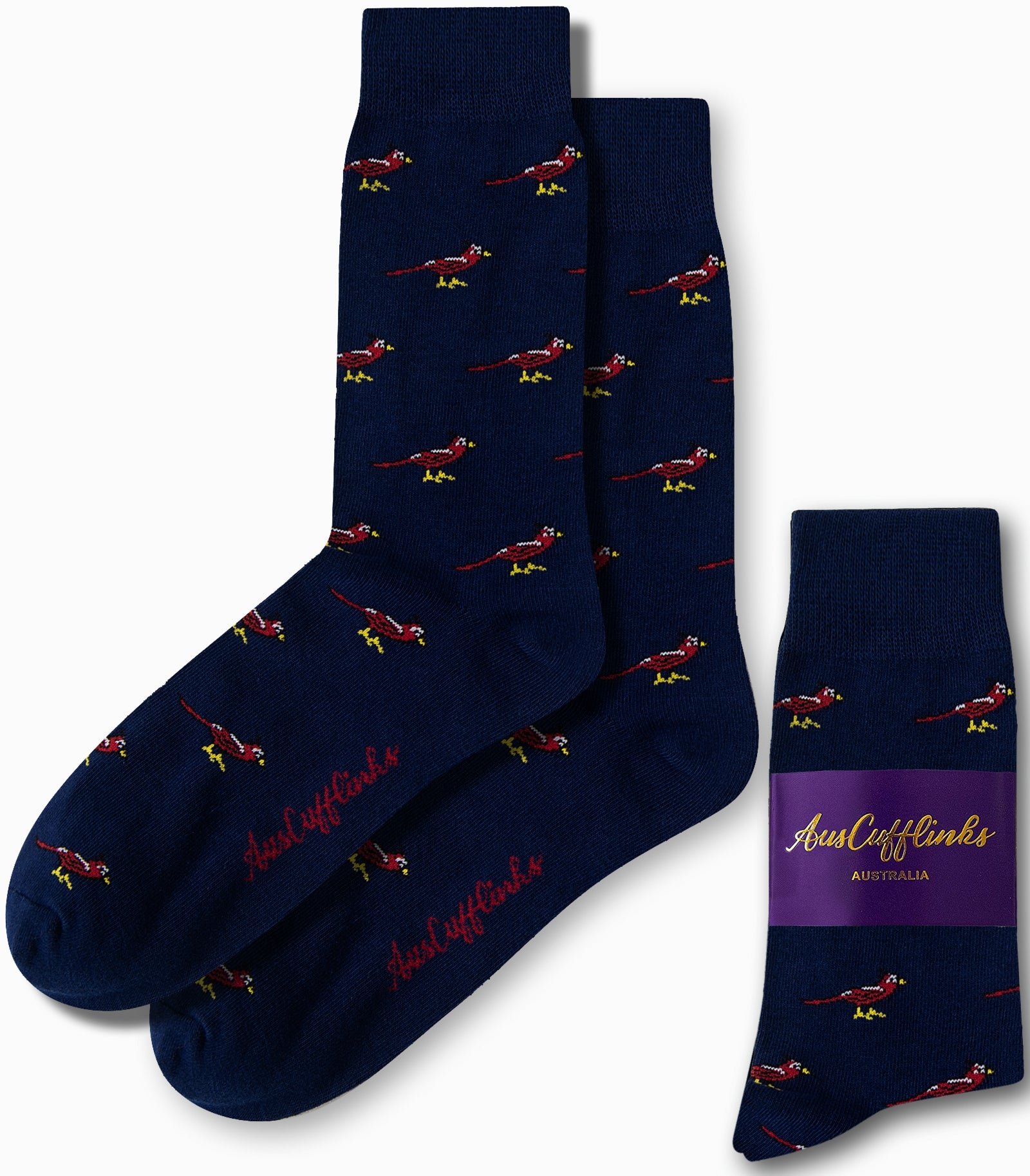 Navy blue socks with striking red cardinal bird patterns, packaged and branded as "AusCufflinks," these embody a touch of elegance perfect for any playful yet sophisticated wardrobe.