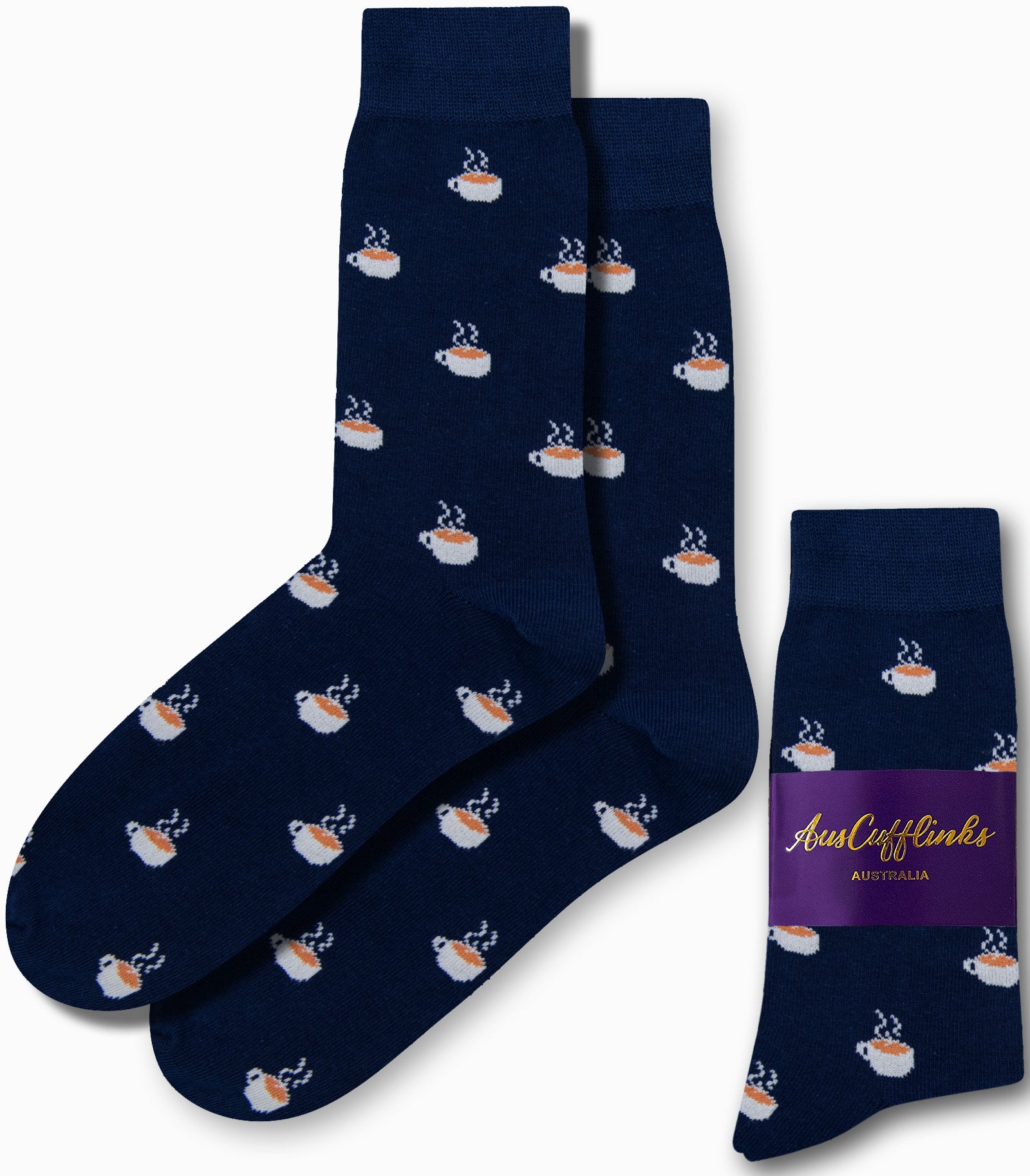 Perfect for coffee enthusiasts, these Coffee Socks in navy blue showcase delightful small coffee cup designs in white and brown—brewed to perfection!