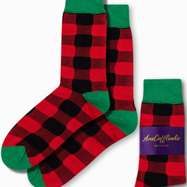 Cross Hatch Stripes Socks are red and black checkered with green cuffs, heels, and toes. These woven wonders are displayed in packaging labeled "AusCufflinks Australia," making every step stylish and comfortable.