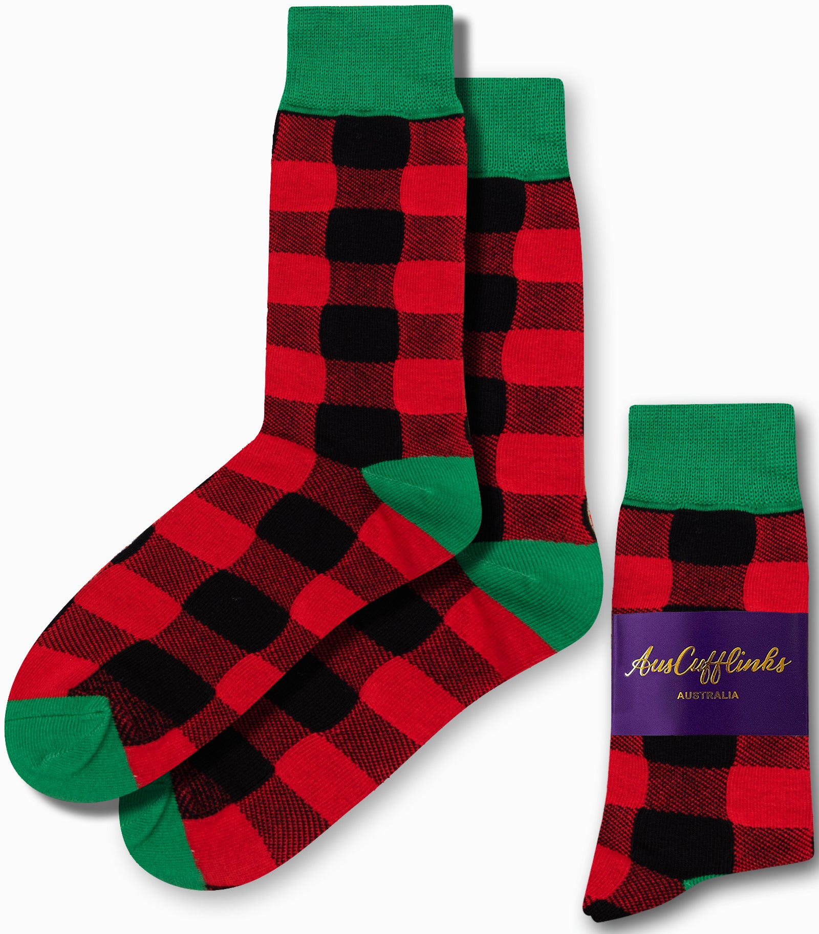 Cross Hatch Stripes Socks are red and black checkered with green cuffs, heels, and toes. These woven wonders are displayed in packaging labeled "AusCufflinks Australia," making every step stylish and comfortable.