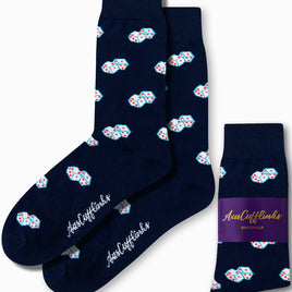 Dice Socks, designed in navy blue with a playful pattern of white and red dice, from AusCufflinks Australia, bring a touch of luck to every step you take.