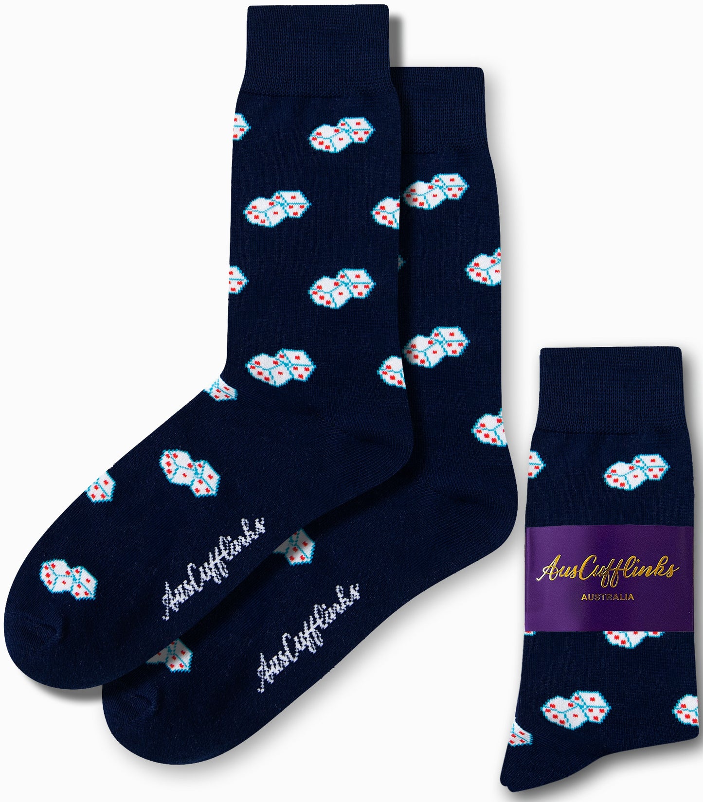 Dice Socks, designed in navy blue with a playful pattern of white and red dice, from AusCufflinks Australia, bring a touch of luck to every step you take.