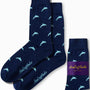 Navy blue Dolphin Socks adorned with light blue dolphin patterns, showcasing aquatic elegance and featuring the "AusCufflinks" branding on the side, accompanied by their original packaging.