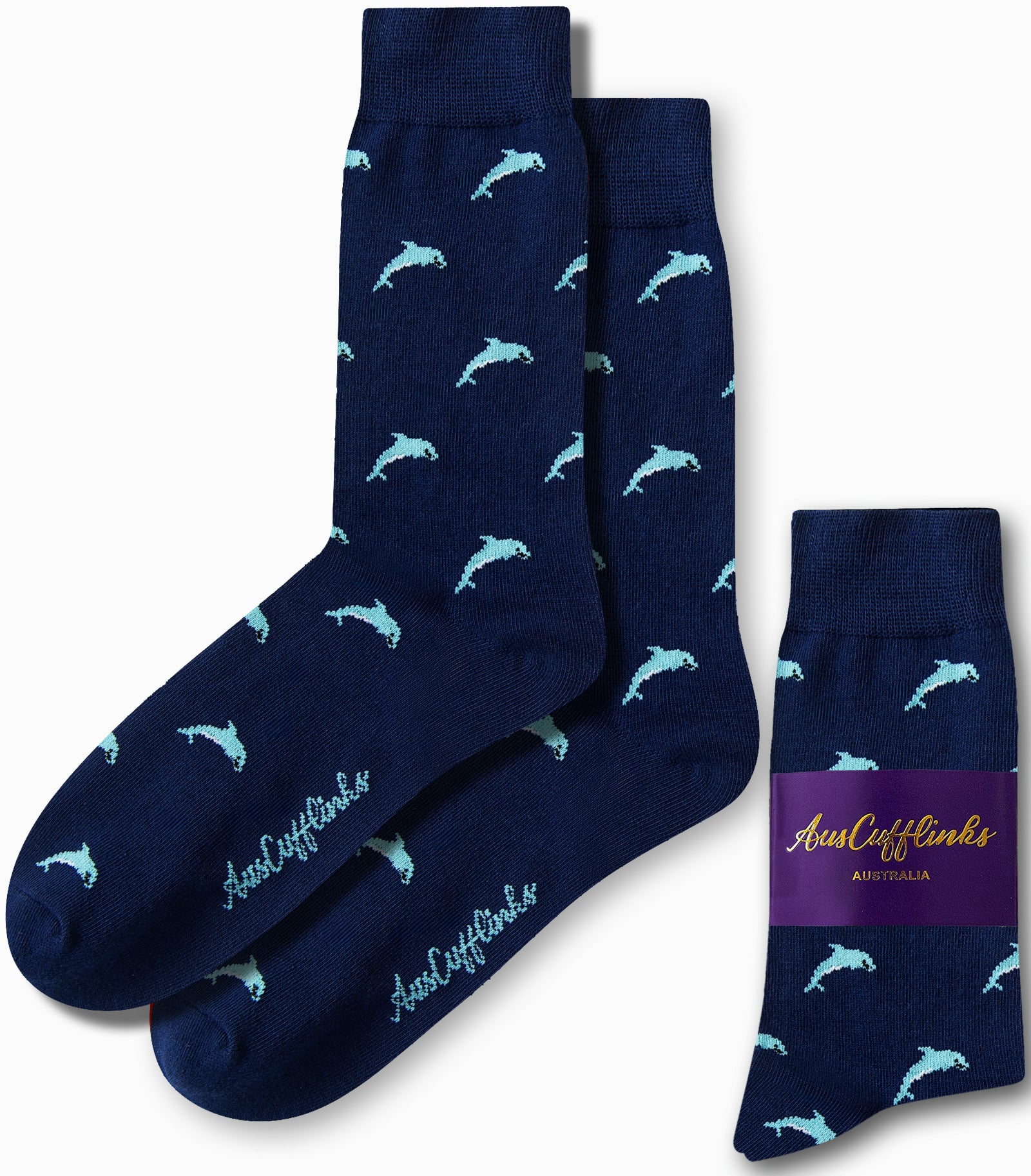 Navy blue Dolphin Socks adorned with light blue dolphin patterns, showcasing aquatic elegance and featuring the "AusCufflinks" branding on the side, accompanied by their original packaging.