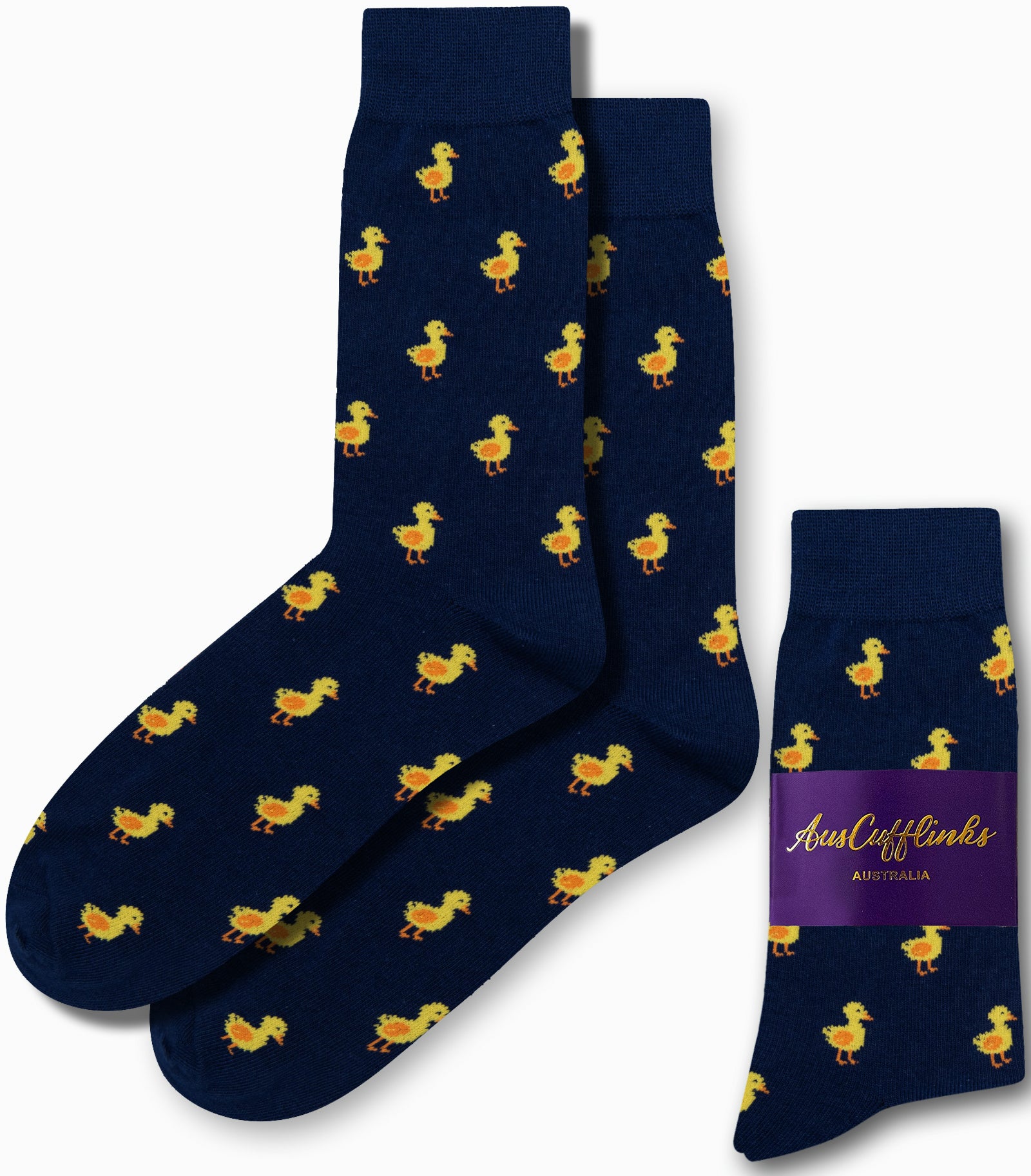 The Duck Socks, featuring a navy blue background with a lively yellow duck design, add standout style to your outfit. These delightful socks come packaged with "AusCufflinks Australia" branding, ensuring you waddle through the day with flair and confidence.