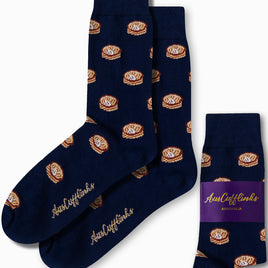 Navy blue Dumpling Socks with a stylish biscuit pattern, featuring a purple label that reads "AusCufflinks Australia.