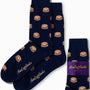 Navy blue Dumpling Socks with a stylish biscuit pattern, featuring a purple label that reads "AusCufflinks Australia.