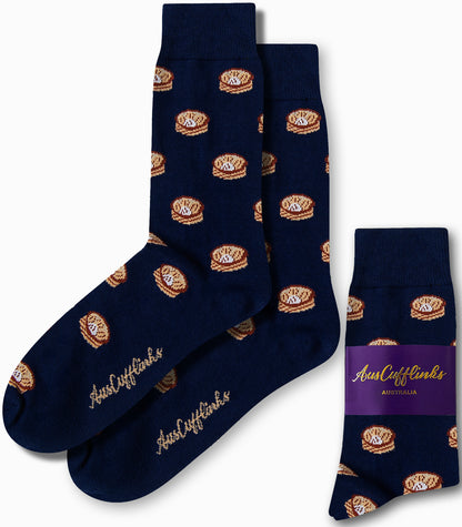 Navy blue Dumpling Socks with a stylish biscuit pattern, featuring a purple label that reads "AusCufflinks Australia.