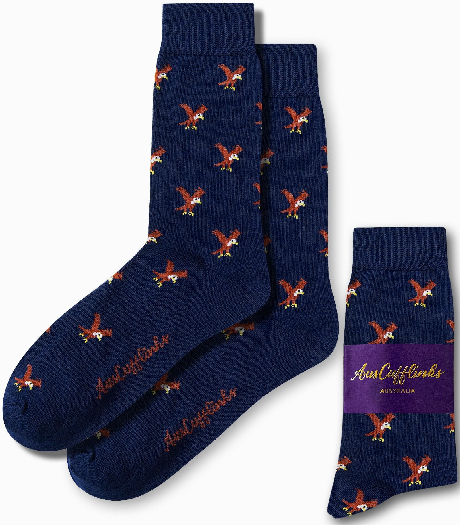 Experience the perfect blend of comfort and style with these Eagle Socks. Adorned with a pattern of red and brown eagles, they feature the "AusCufflinks Australia" branding for both fashionable flair and a cozy fit.