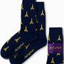 The Eiffel Tower Socks showcase a vibrant blend of navy blue with yellow Eiffel Tower designs, all wrapped up in matching packaging branded as "AusCufflinks Australia," reflecting true Parisian flair.