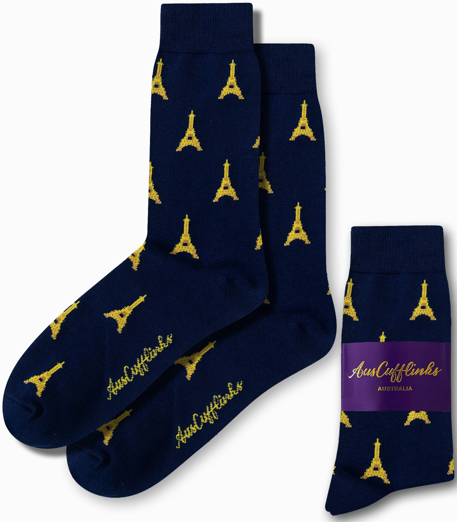 The Eiffel Tower Socks showcase a vibrant blend of navy blue with yellow Eiffel Tower designs, all wrapped up in matching packaging branded as "AusCufflinks Australia," reflecting true Parisian flair.