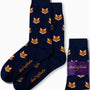 Fox Head Socks in navy blue feature an orange fox face pattern, displayed flat and folded with a purple AusCufflinks label.
