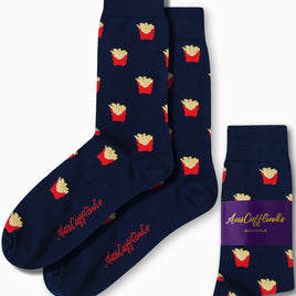 Introducing the "Fries Socks": a pair of navy socks featuring an eye-catching red and golden French fries design, offering a touch of crispy comfort. Packaged with the label "AusCufflinks Australia.