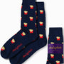 Introducing the "Fries Socks": a pair of navy socks featuring an eye-catching red and golden French fries design, offering a touch of crispy comfort. Packaged with the label "AusCufflinks Australia.