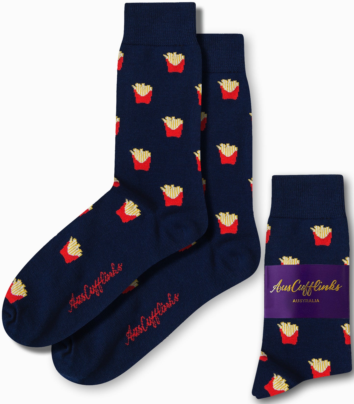 Introducing the "Fries Socks": a pair of navy socks featuring an eye-catching red and golden French fries design, offering a touch of crispy comfort. Packaged with the label "AusCufflinks Australia.