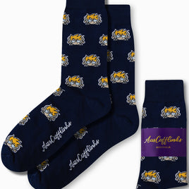 Gamer DJ Socks in navy blue feature a repeating cartoon fox design and "AussieCufflinks" branding, shown both unfolded and packaged with a purple label—fun gamer socks to add playful flair to your style.