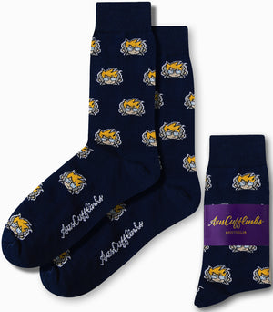 Gamer DJ Socks in navy blue feature a repeating cartoon fox design and "AussieCufflinks" branding, shown both unfolded and packaged with a purple label—fun gamer socks to add playful flair to your style.