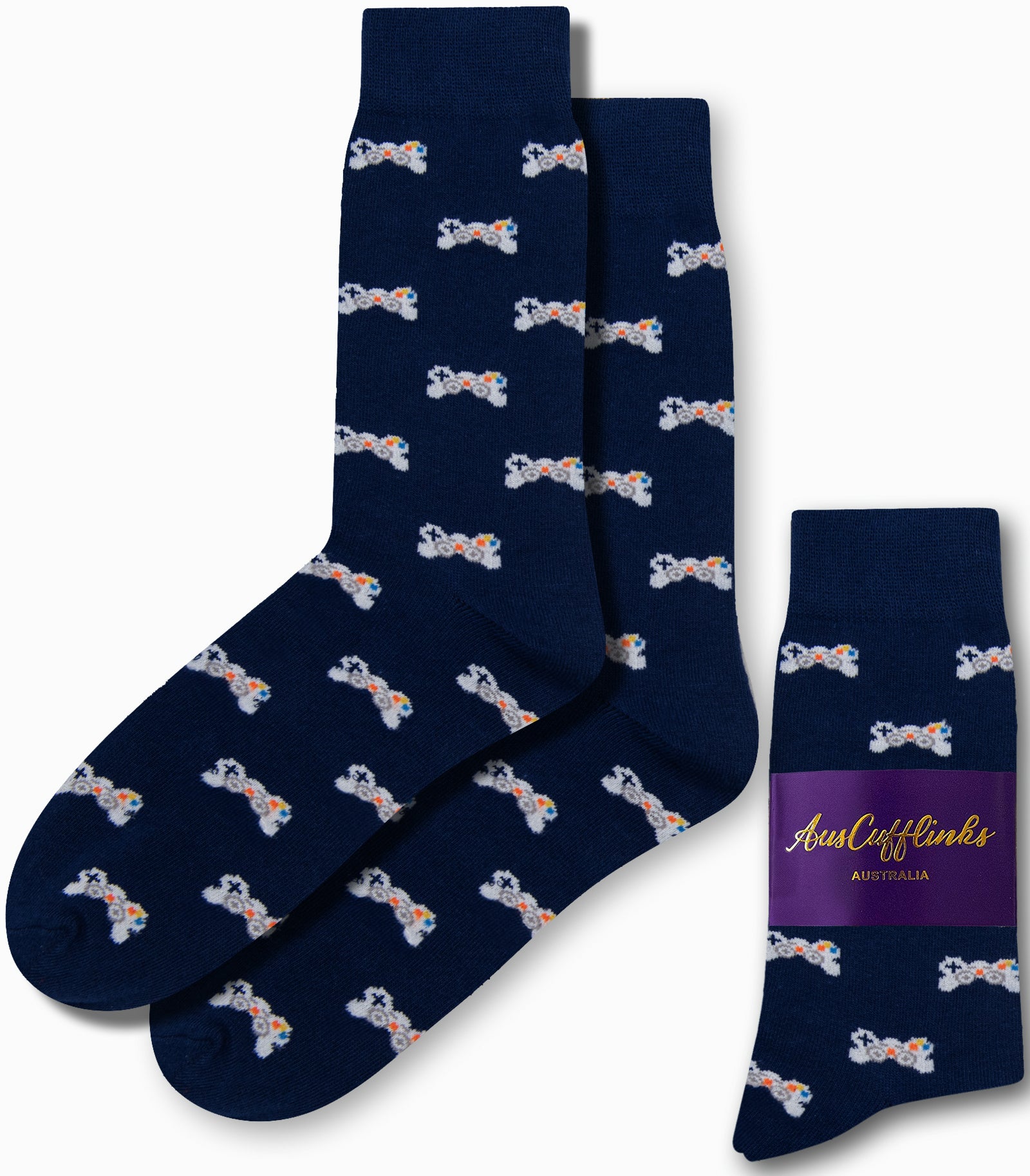 Navy blue Gamer Socks featuring a stylish repeating pattern of small, colorful dogs, all neatly presented in purple packaging labeled "AusCufflinks Australia.