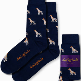 Giraffe Socks in blue, adorned with a tower of small giraffes in a delightful savannah style, elegantly packaged with "AusCufflinks Australia" on the side.