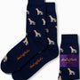 Giraffe Socks in blue, adorned with a tower of small giraffes in a delightful savannah style, elegantly packaged with "AusCufflinks Australia" on the side.