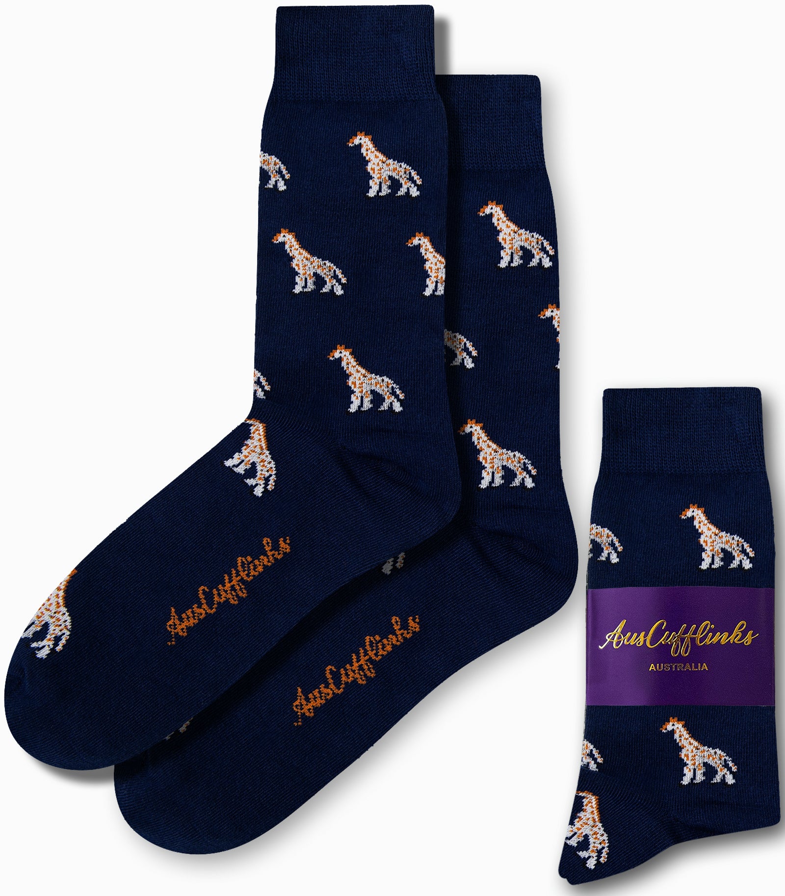 Giraffe Socks in blue, adorned with a tower of small giraffes in a delightful savannah style, elegantly packaged with "AusCufflinks Australia" on the side.