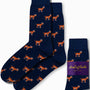 Navy blue socks featuring an elegant brown and white cow pattern, branded as "Goat Socks" by AusCufflinks Australia.