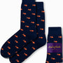 Gold Fish Socks in a navy blue color featuring an orange fish pattern, reminiscent of a serene golden pond, displayed alongside the matching packaging.