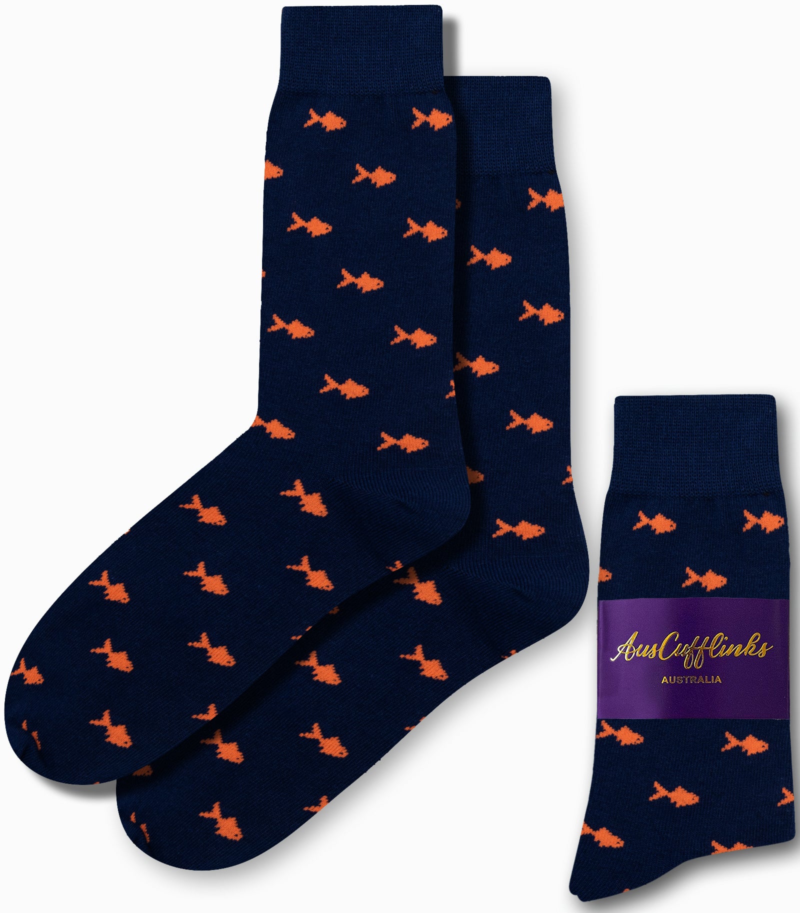 Gold Fish Socks in a navy blue color featuring an orange fish pattern, reminiscent of a serene golden pond, displayed alongside the matching packaging.