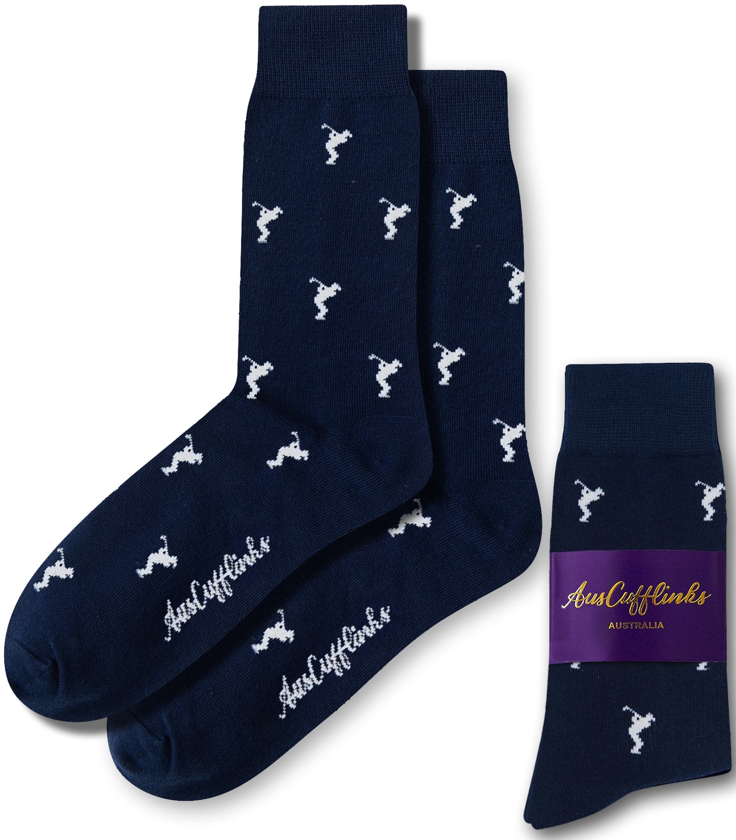 The Golf Swing Socks add a sporty flair to your wardrobe with their navy blue color and white golfer patterns. One pair is unfolded, while another is packaged with a purple and gold label featuring "AusCufflinks Australia.