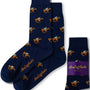 Navy blue "Horse Racing Socks" featuring a camel rider pattern and a purple label that reads "AusCufflinks Australia," capturing the hoofed elegance of classic horse racing events.