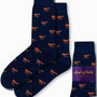 Navy blue socks featuring orange and white horse patterns, embodying a sense of hoofed elegance, are presented by "AusCufflinks Australia." These "Horse Socks" come with one pair displayed and another folded, poised to introduce a spirited gallop to your day.