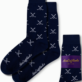 Dark blue Crossed Ice Hockey Socks featuring white cross patterns and "AusCufflinks" branding, perfect for elevating your style. Packaged pair on the right.