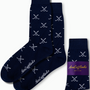 Dark blue Crossed Ice Hockey Socks featuring white cross patterns and "AusCufflinks" branding, perfect for elevating your style. Packaged pair on the right.